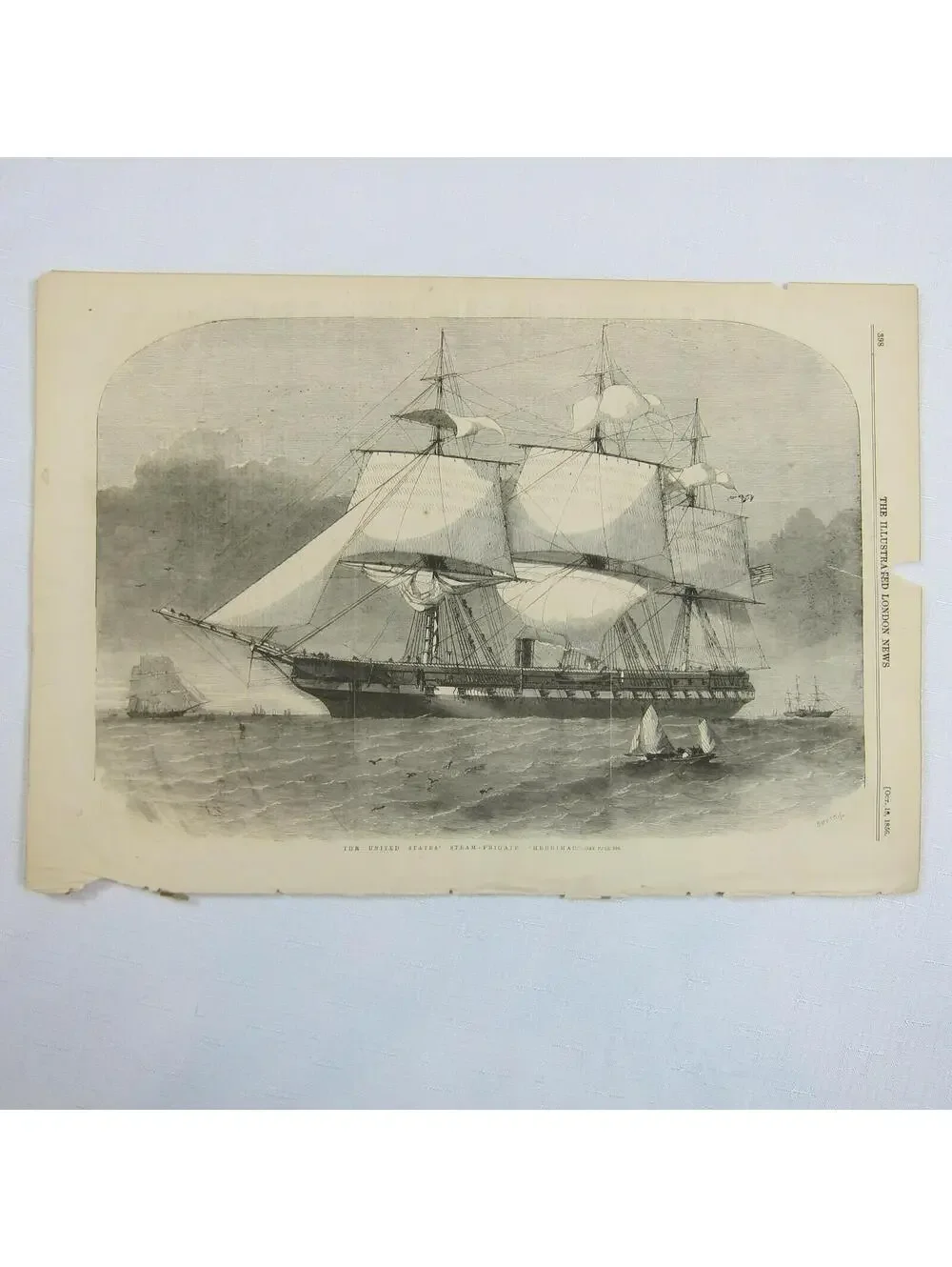 Antique 1856 Print The United States Steam Frigate Merrimack Naval Ship Seascape
